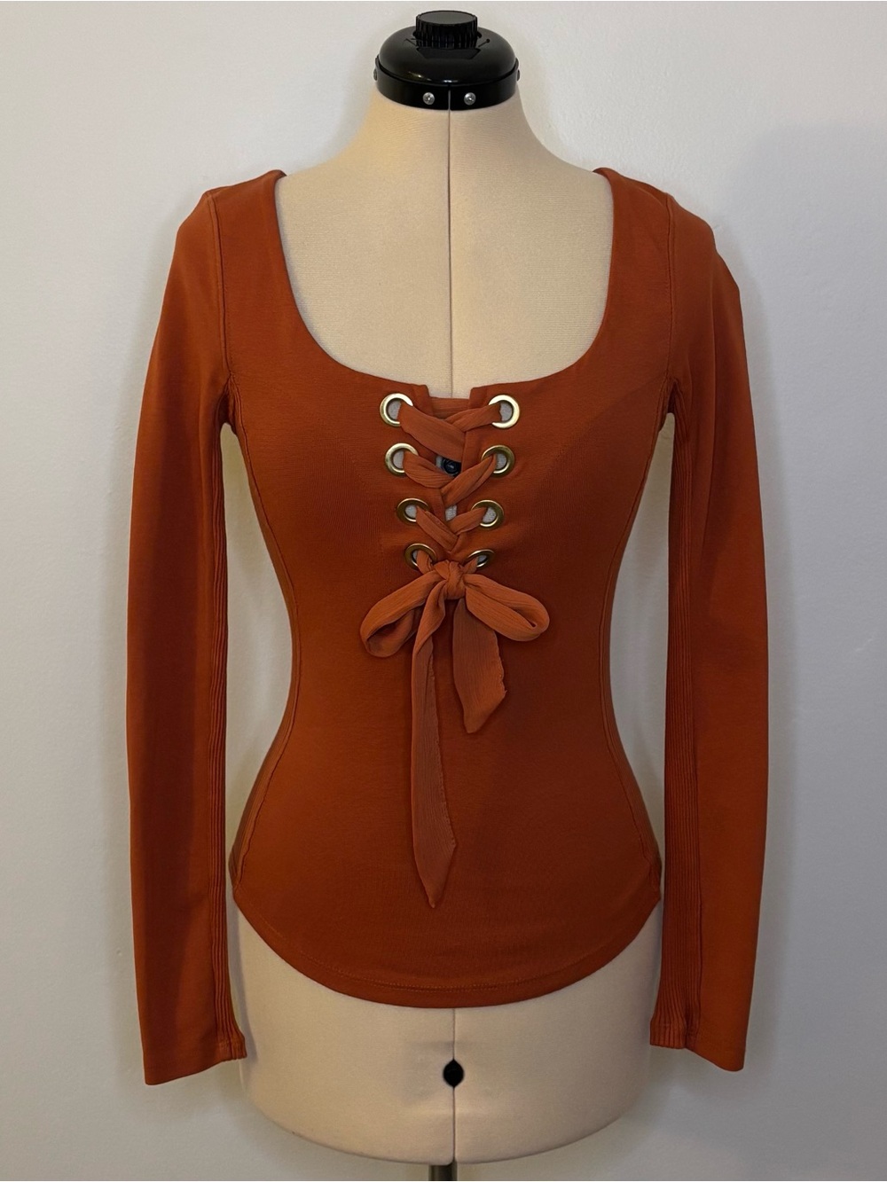 Free People Looking Back Long Sleeve Lace Up Top, Burnt Sienna, Rust, S